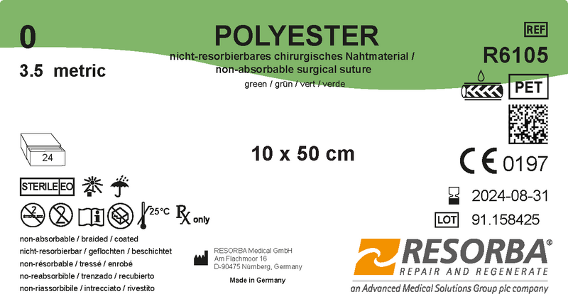 Поліестер USP 0 зелений, у відрізках 2шт*75см